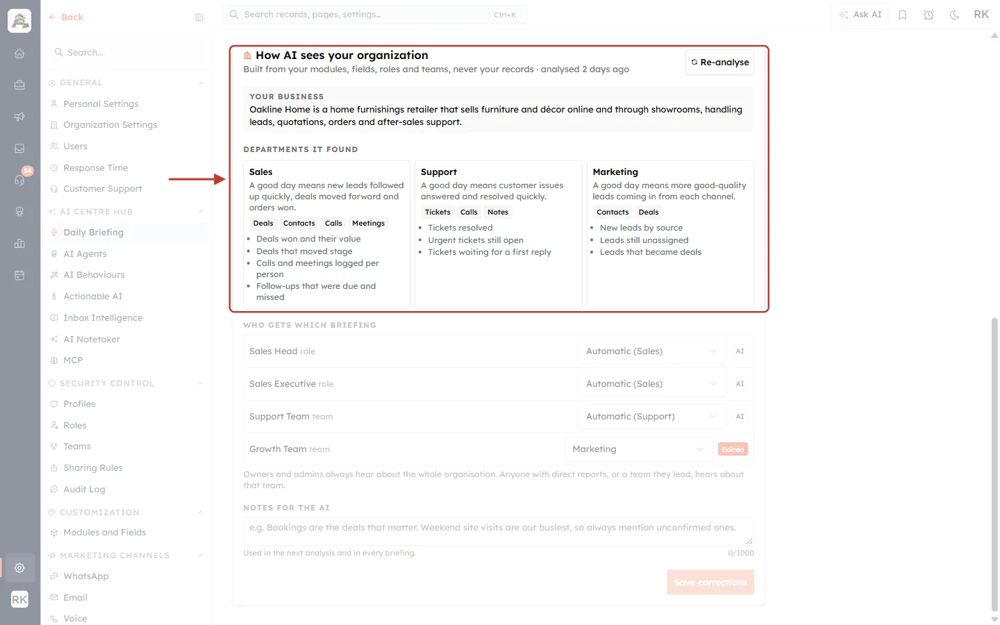How AI sees your organization: business summary and the departments it found, with Re-analyse button