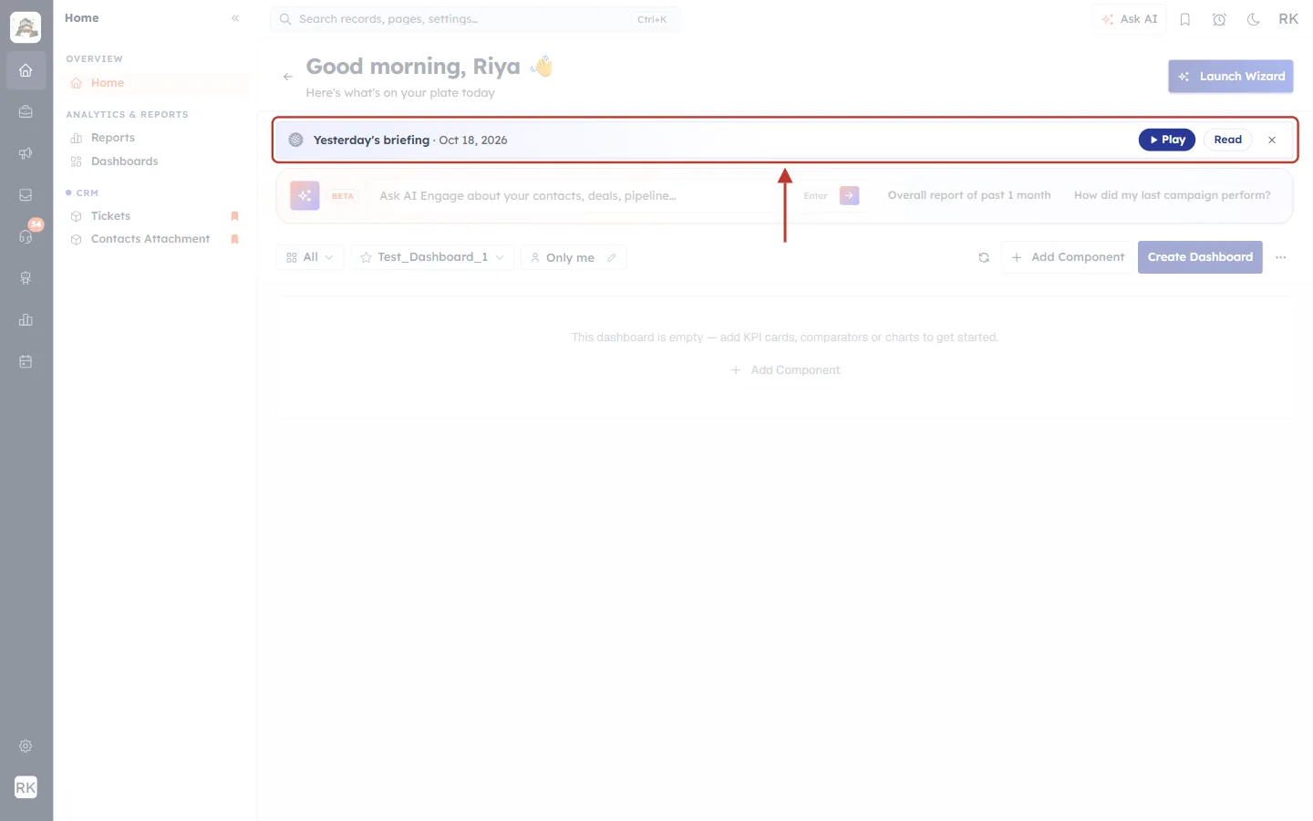 Briefing bar: Yesterday’s briefing · Oct 18, 2026 with Play, Read and close buttons