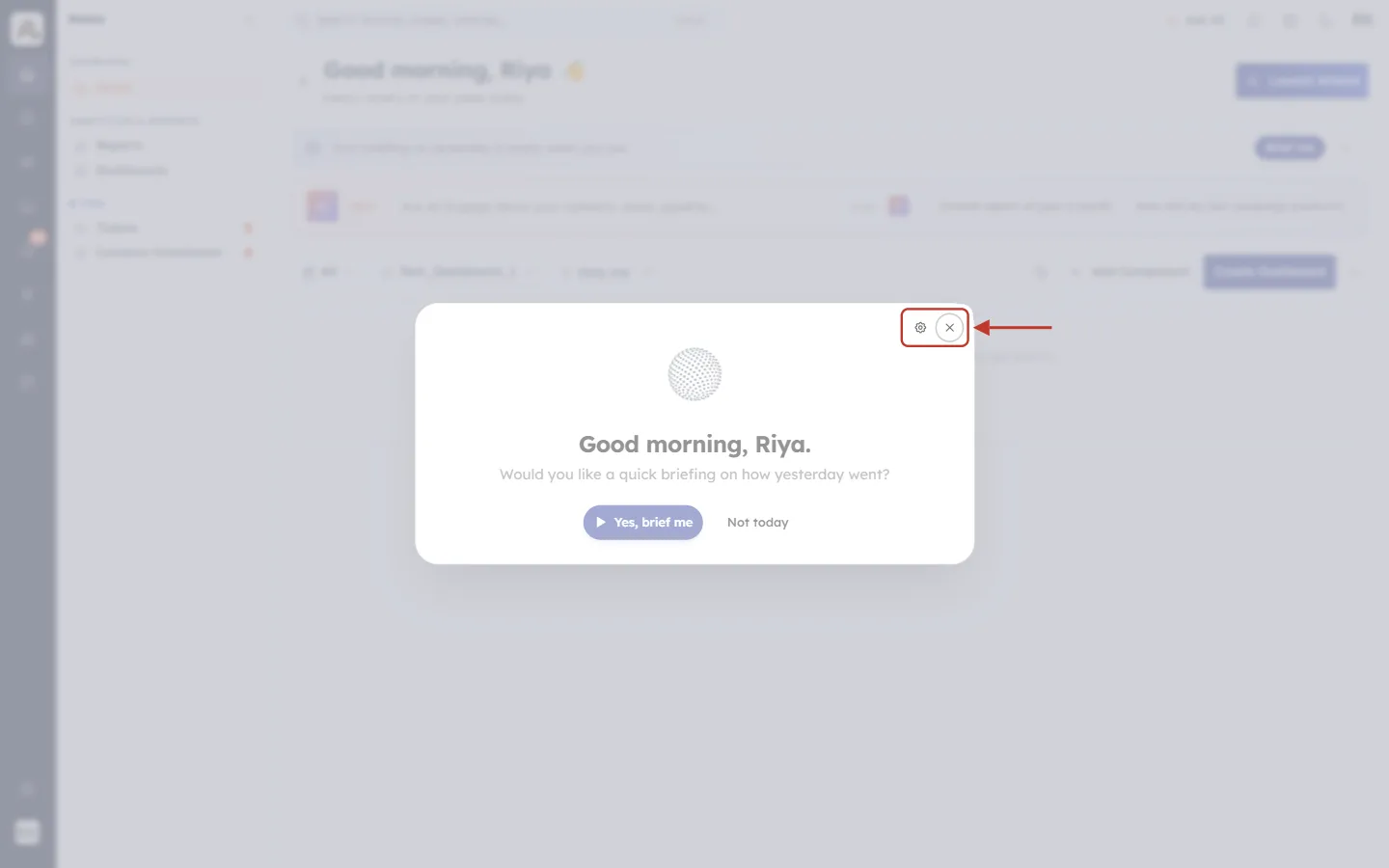 The settings gear and close icons in the top-right corner of the greeting