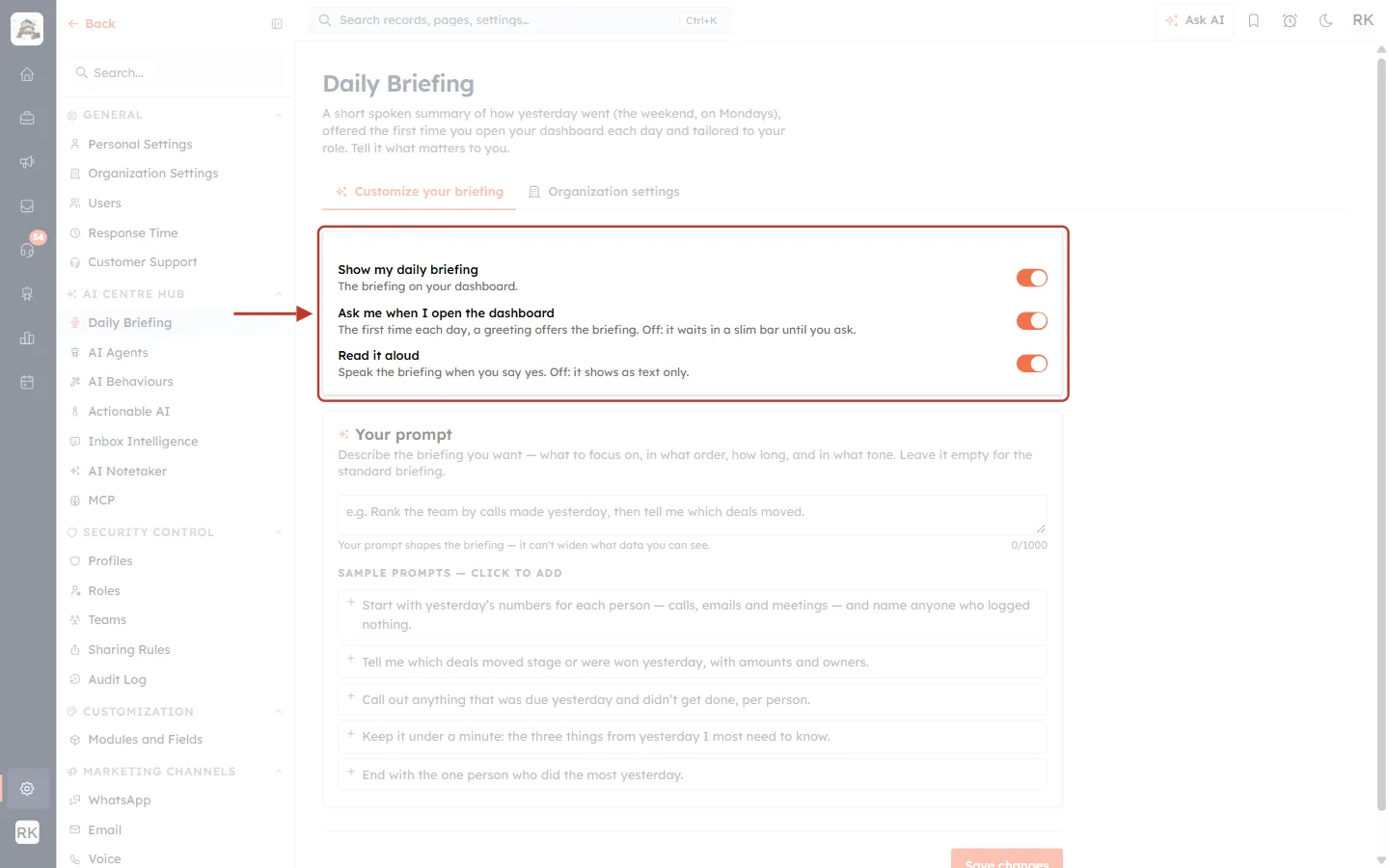Customize your briefing: Show my daily briefing, Ask me when I open the dashboard and Read it aloud switches
