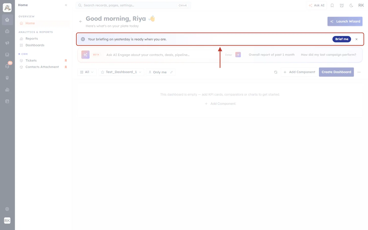 Briefing bar: Your briefing on yesterday is ready when you are, with a Brief me button