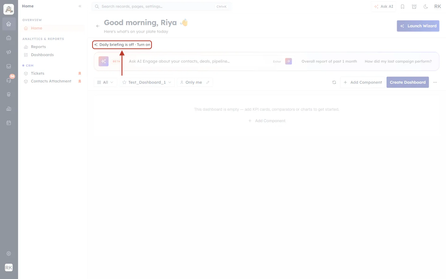 Small link on the dashboard: Daily briefing is off · Turn on