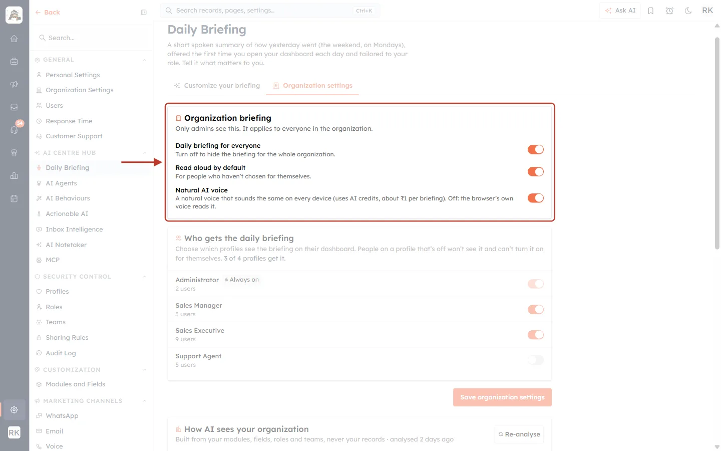 Organization briefing card: Daily briefing for everyone, Read aloud by default and Natural AI voice switches
