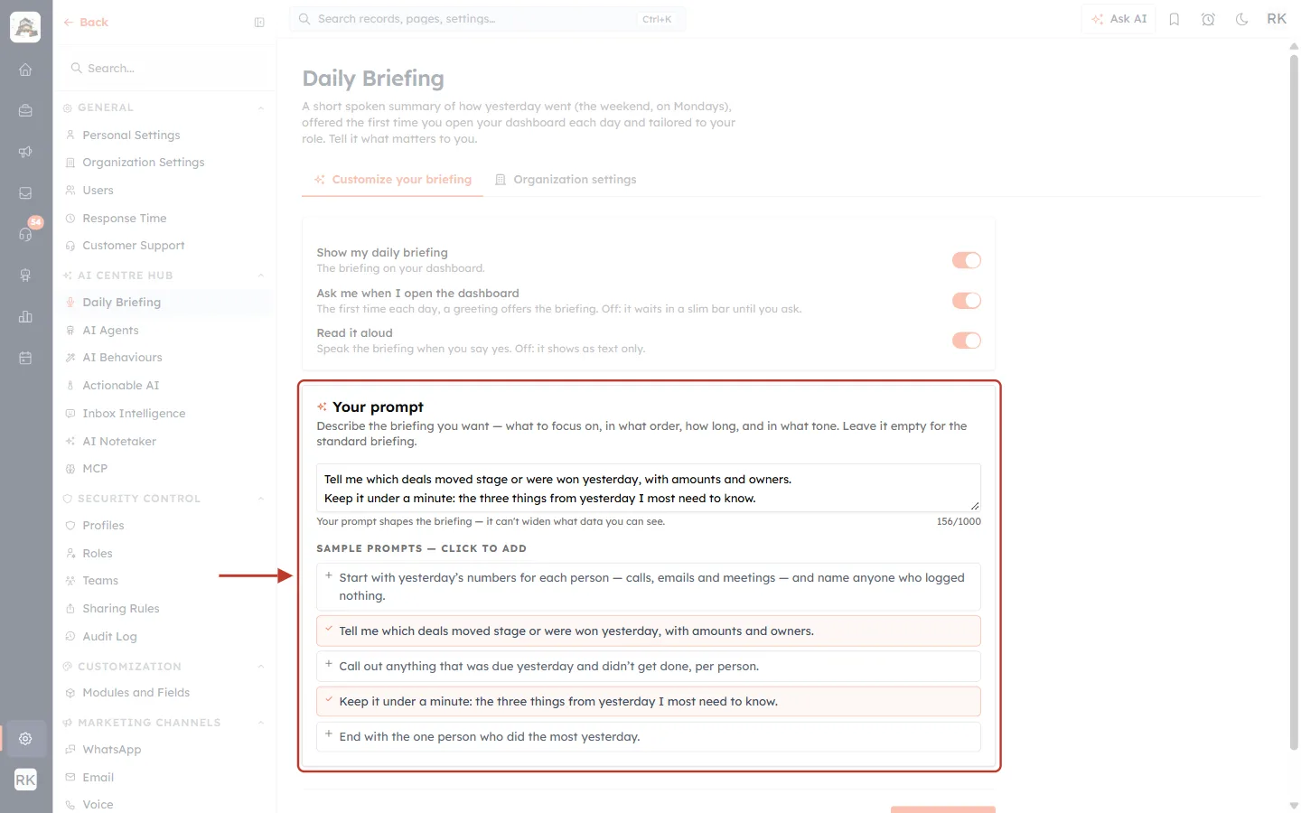 Your prompt box with two sample prompts added, and the list of sample prompts below it
