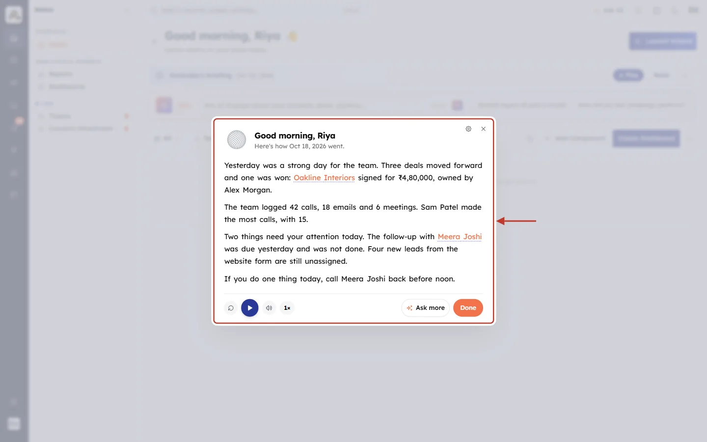 The briefing opened with Read: full text shown and a Play again button