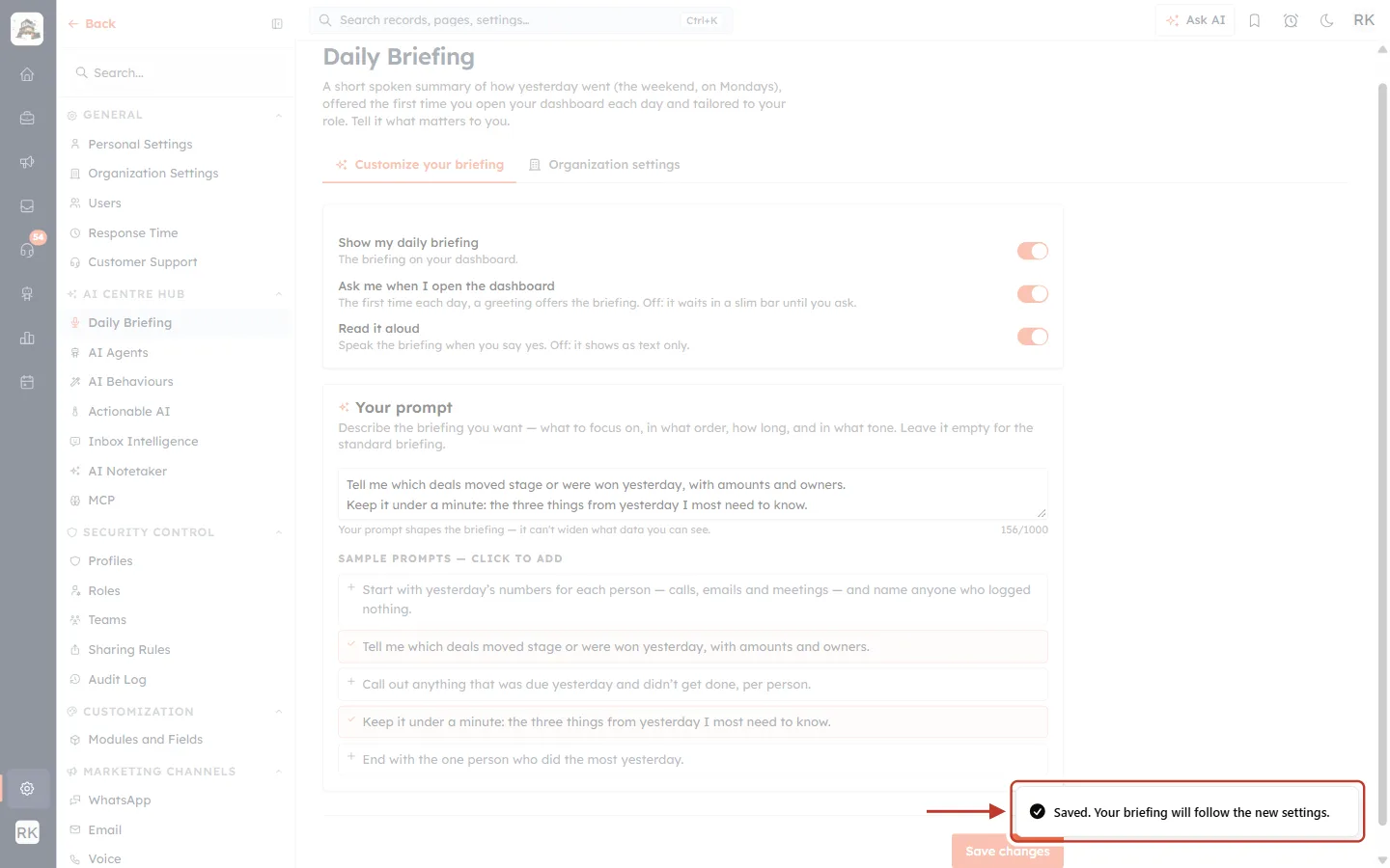 Confirmation message: Saved. Your briefing will follow the new settings.