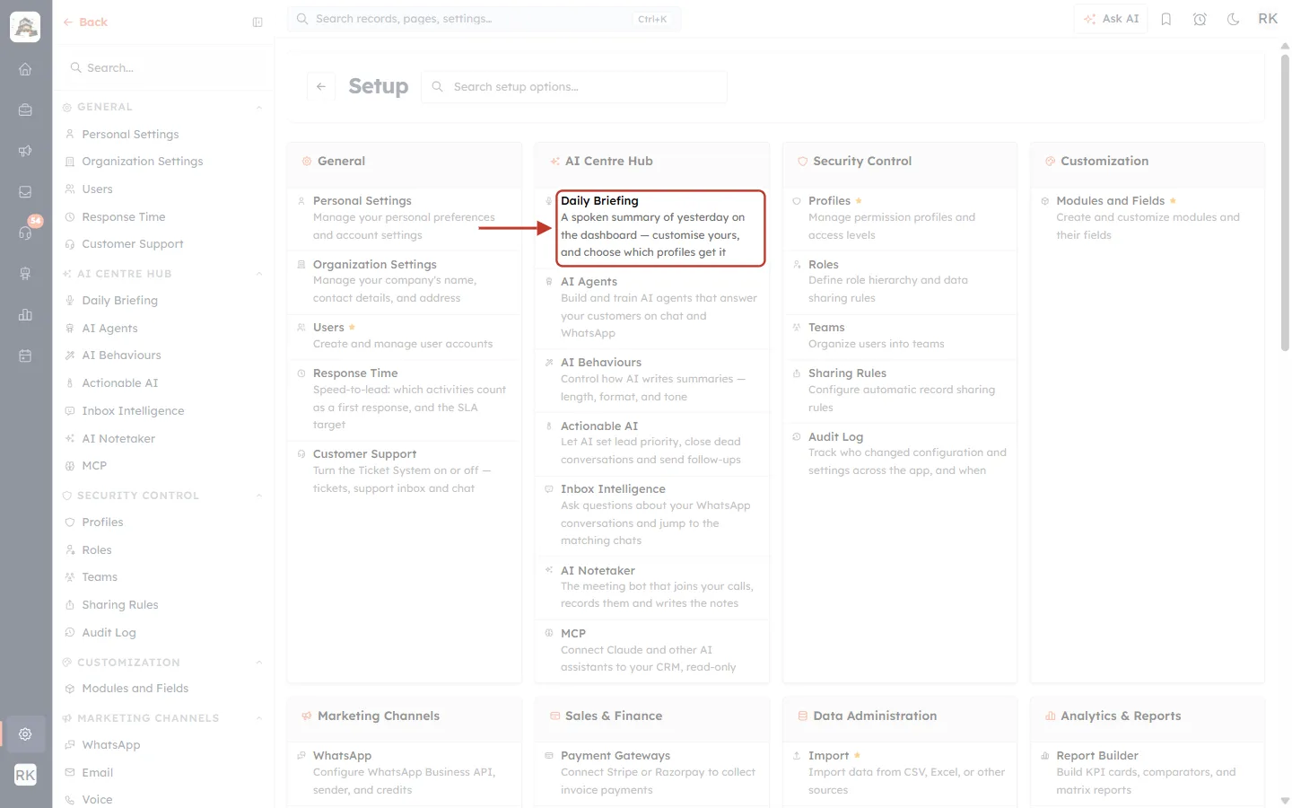 Setup page with the Daily Briefing item in the AI Centre Hub section highlighted