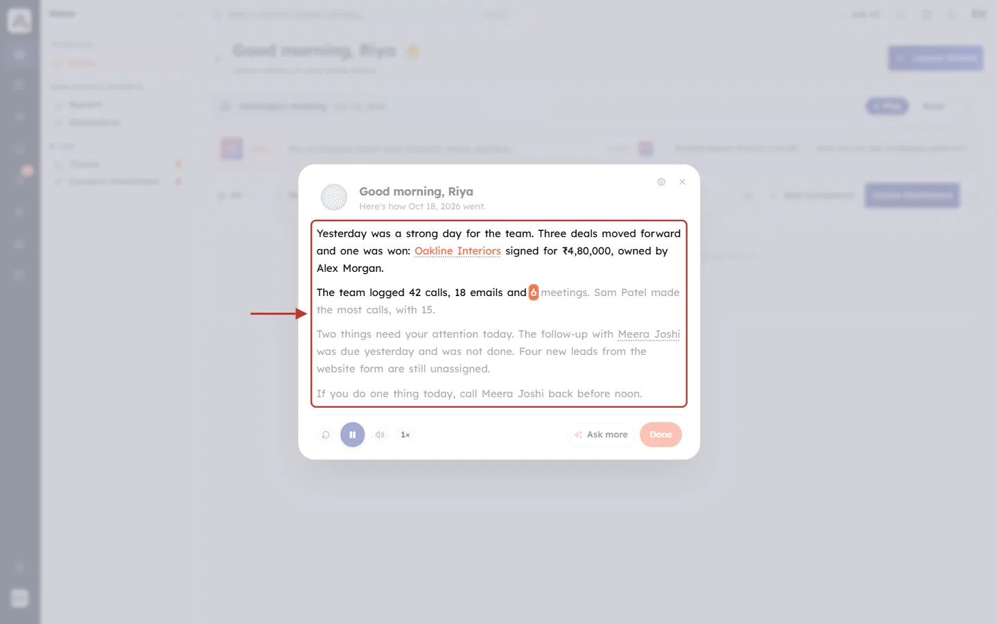 The briefing text with the word being spoken highlighted in orange
