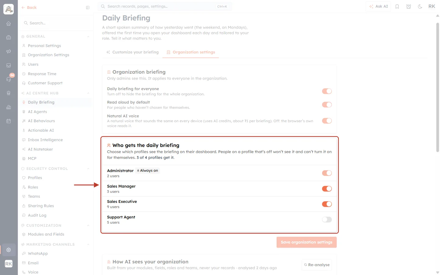 Who gets the daily briefing: a switch for each profile, with Administrator always on and Support Agent off