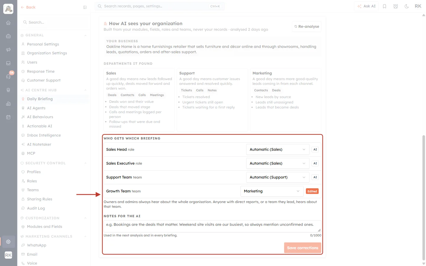 Who gets which briefing: department dropdown for each role and team, Notes for the AI, and Save corrections