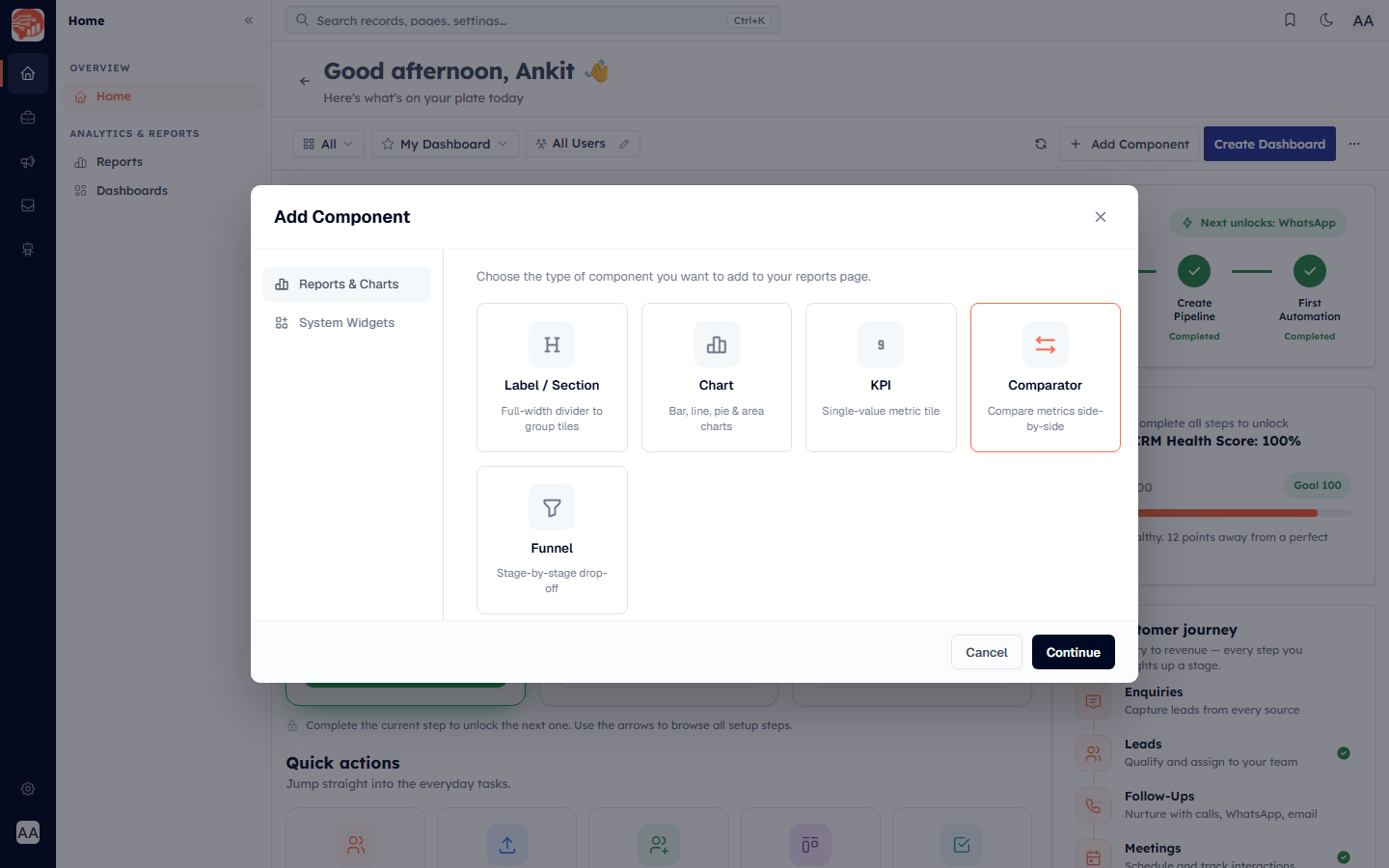 The Add Component picker showing Label/Section, Chart, KPI, Comparator and Funnel