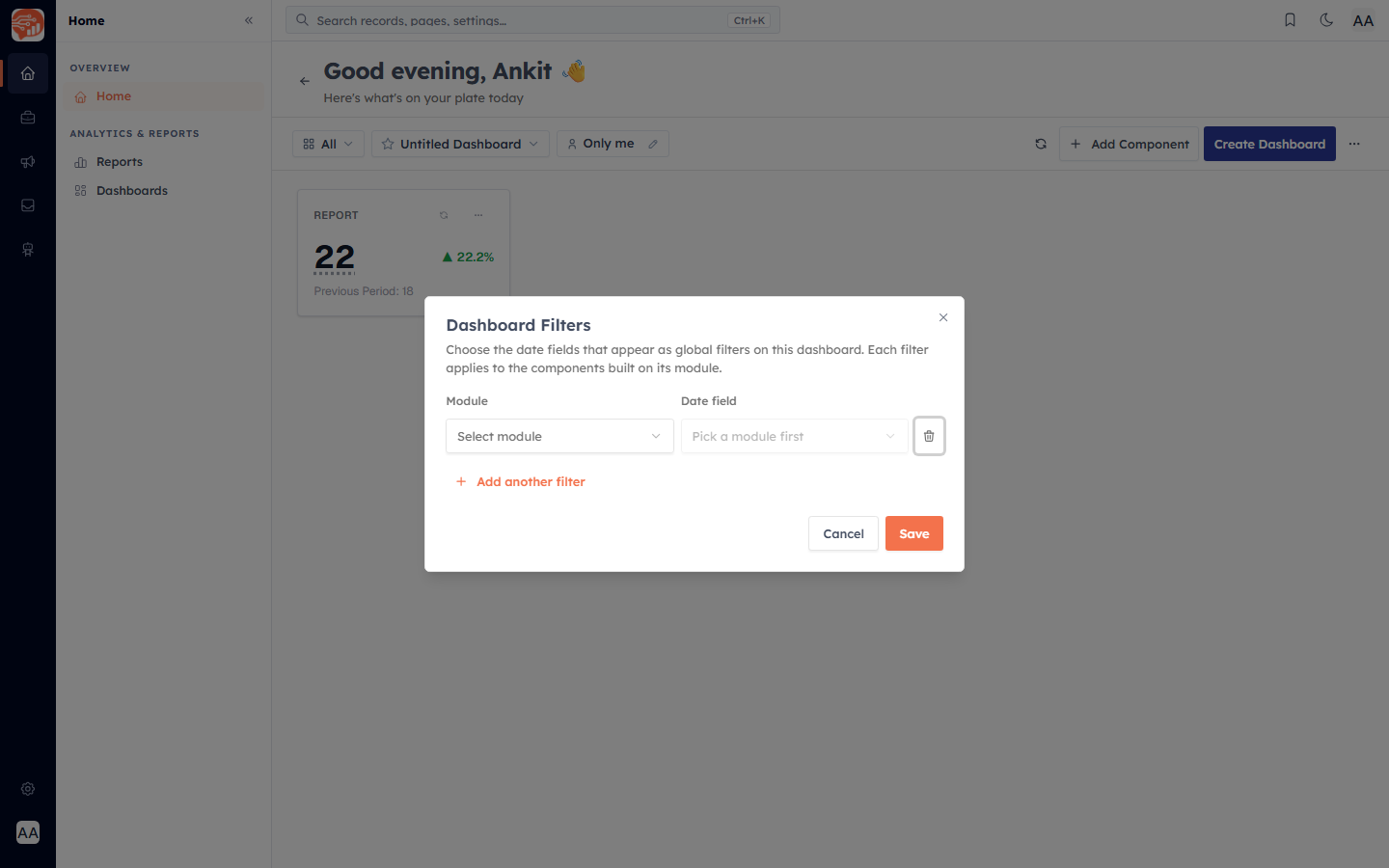 The Dashboard Filters dialog choosing a module and date field