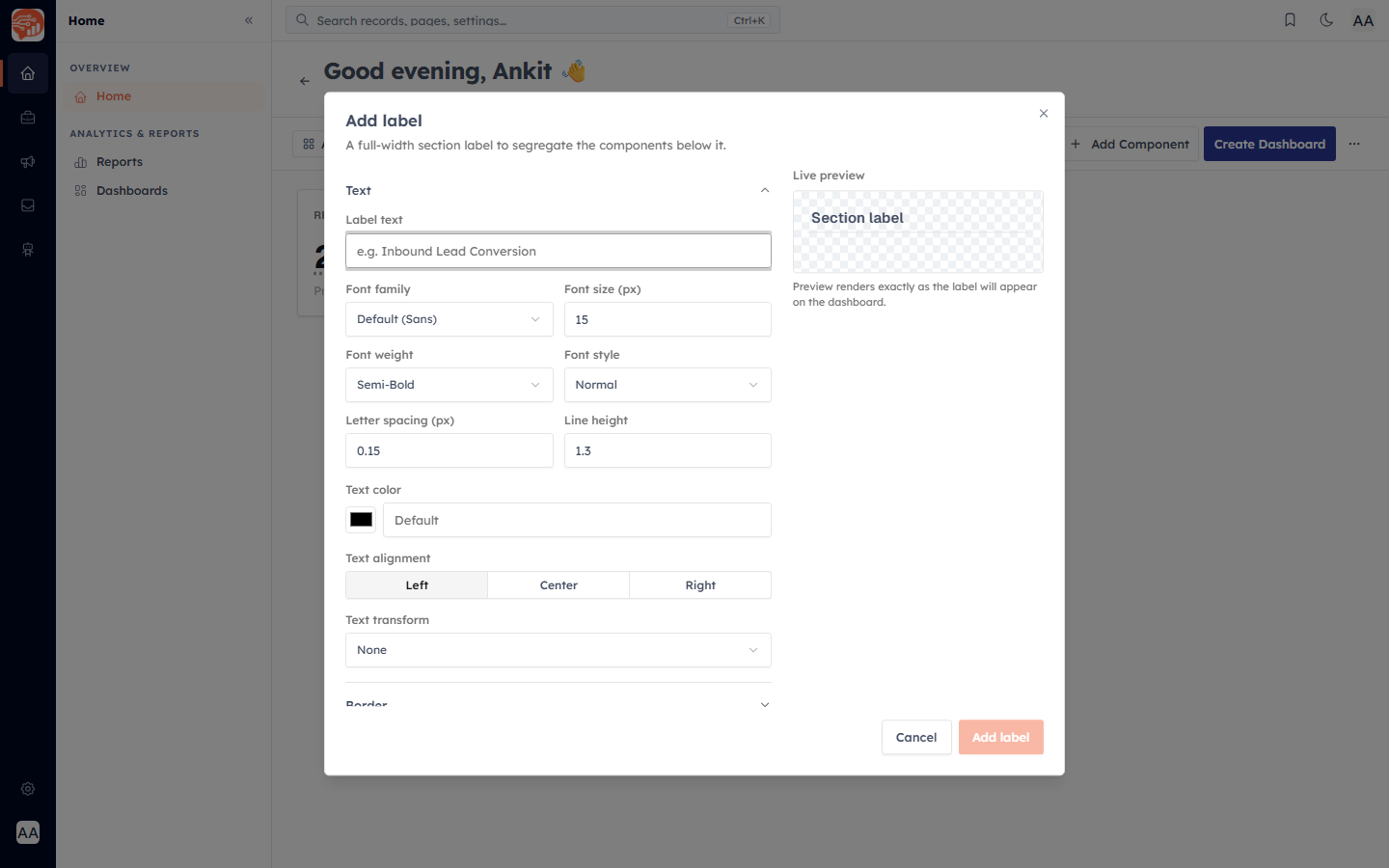 The Add label editor with text and style settings and a live preview
