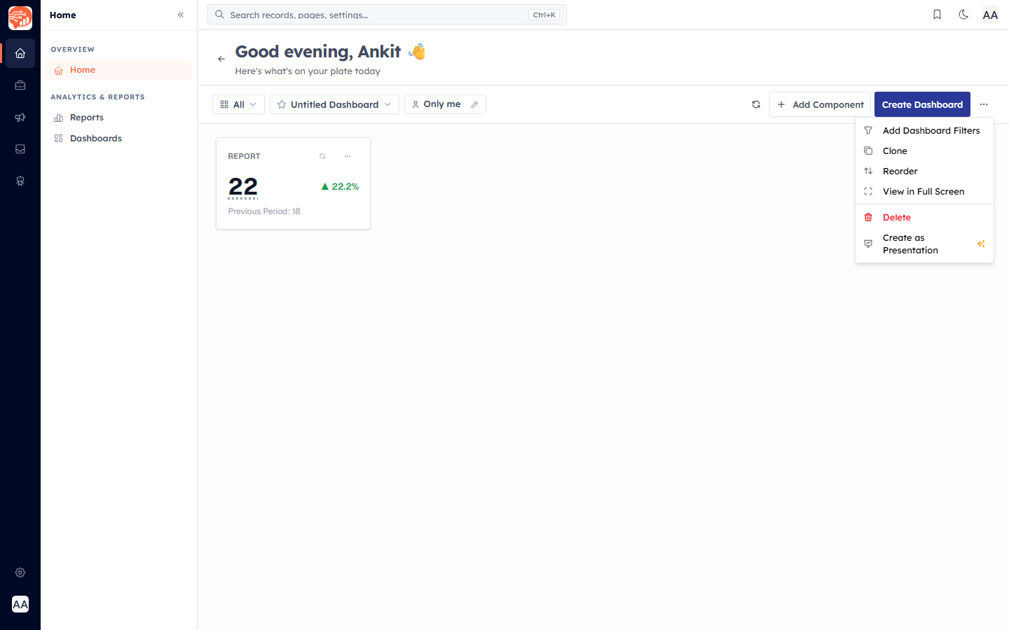 The dashboard menu with the Add Dashboard Filters option