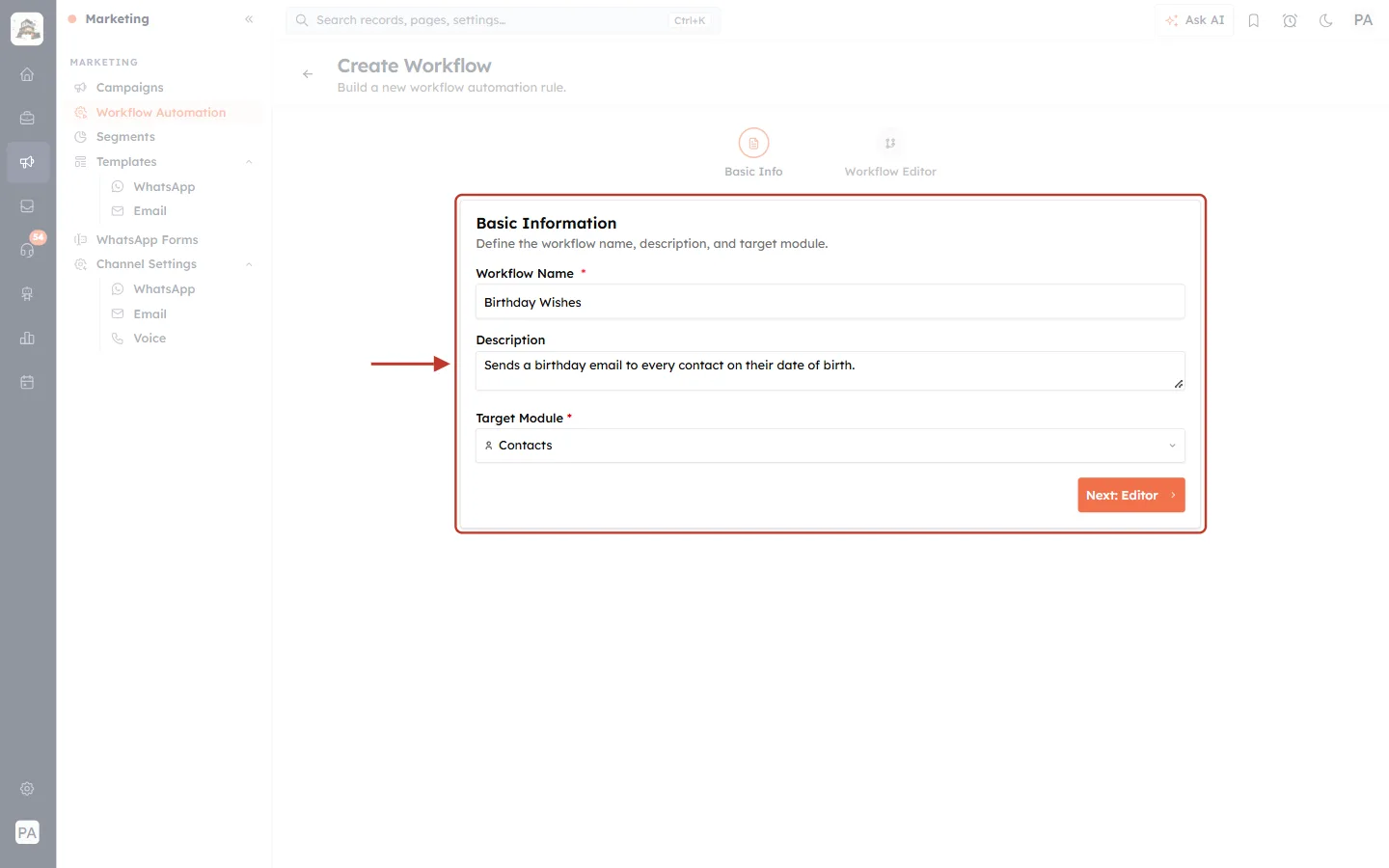 Basic Information form filled in with Birthday Wishes and the Contacts module