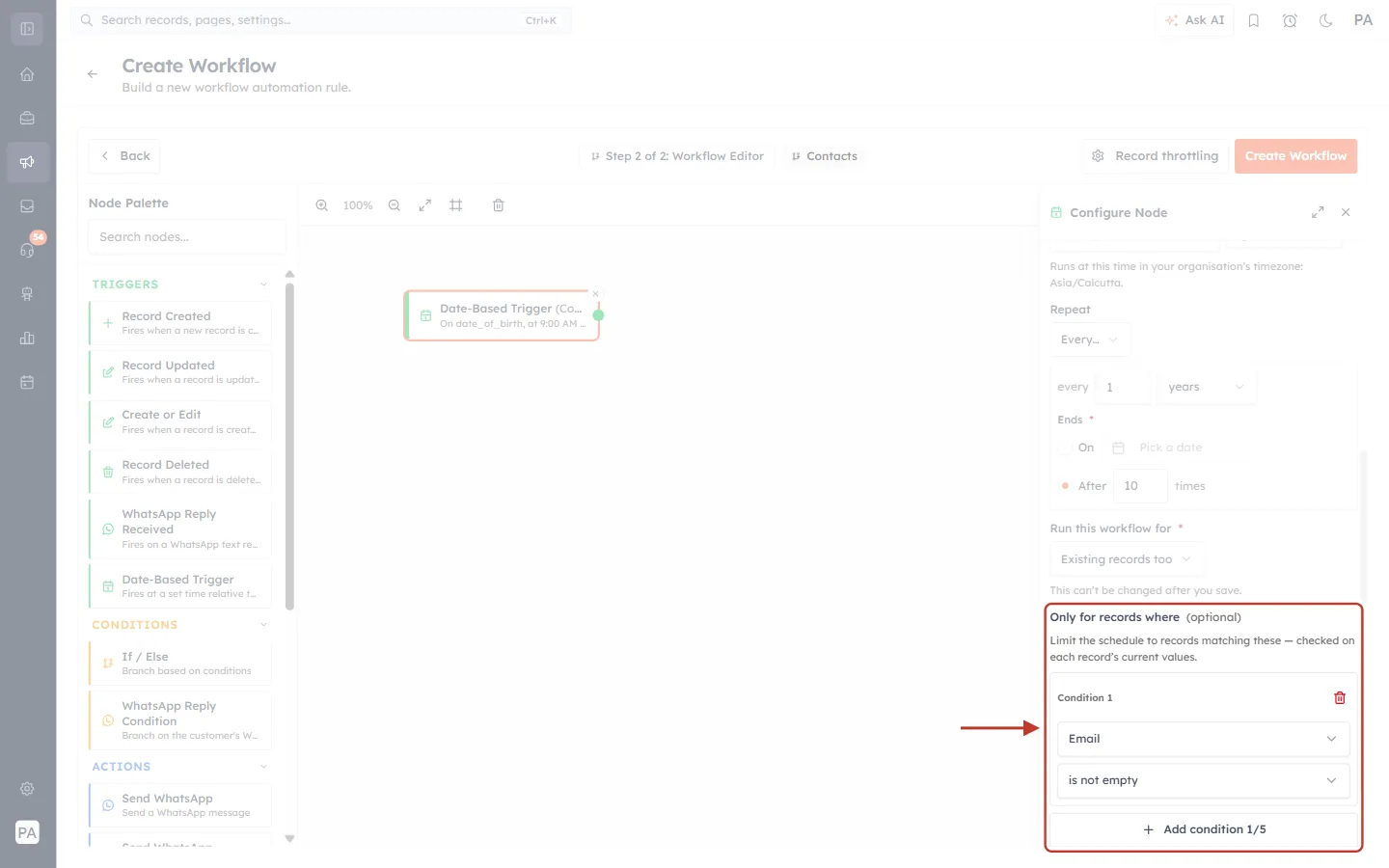 Only for records where with the condition Email is not empty