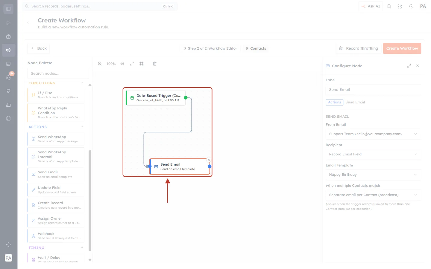 Date-Based Trigger connected to a Send Email action on the canvas