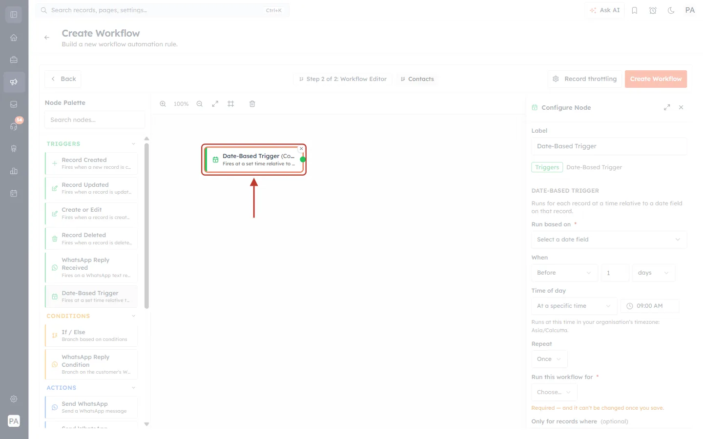 Date-Based Trigger node placed on the workflow canvas