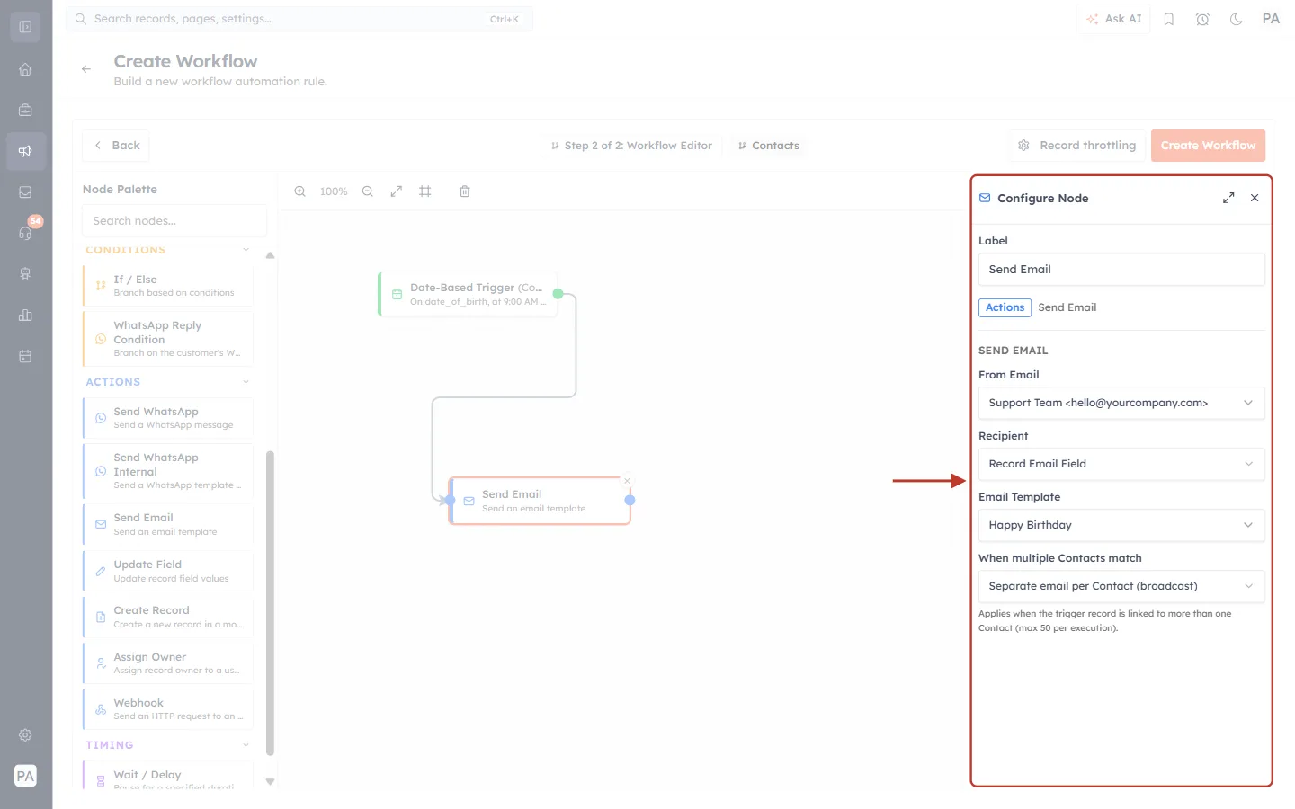 Send Email configuration with sender, recipient and Happy Birthday template