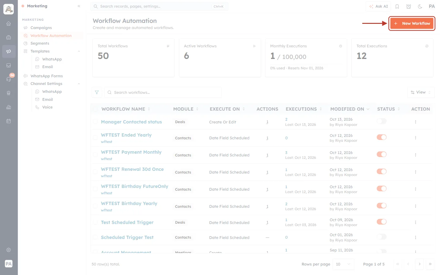 Workflow Automation page with the New Workflow button highlighted