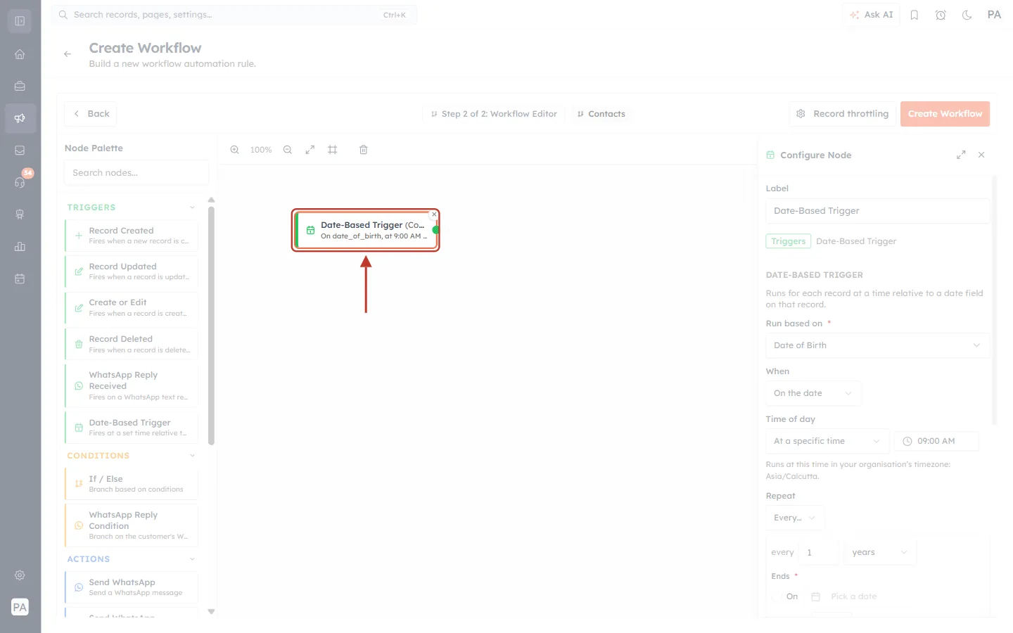 Date-Based Trigger node showing its schedule