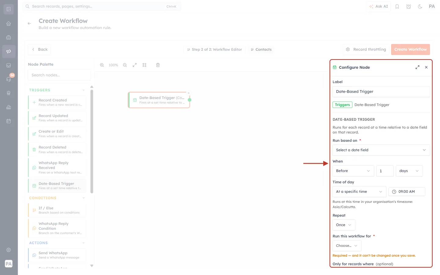 Configure Node panel for the Date-Based Trigger