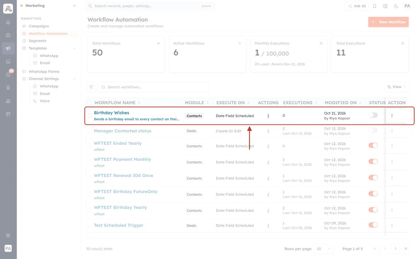 Birthday Wishes workflow in the list with Execute On Date Field Scheduled