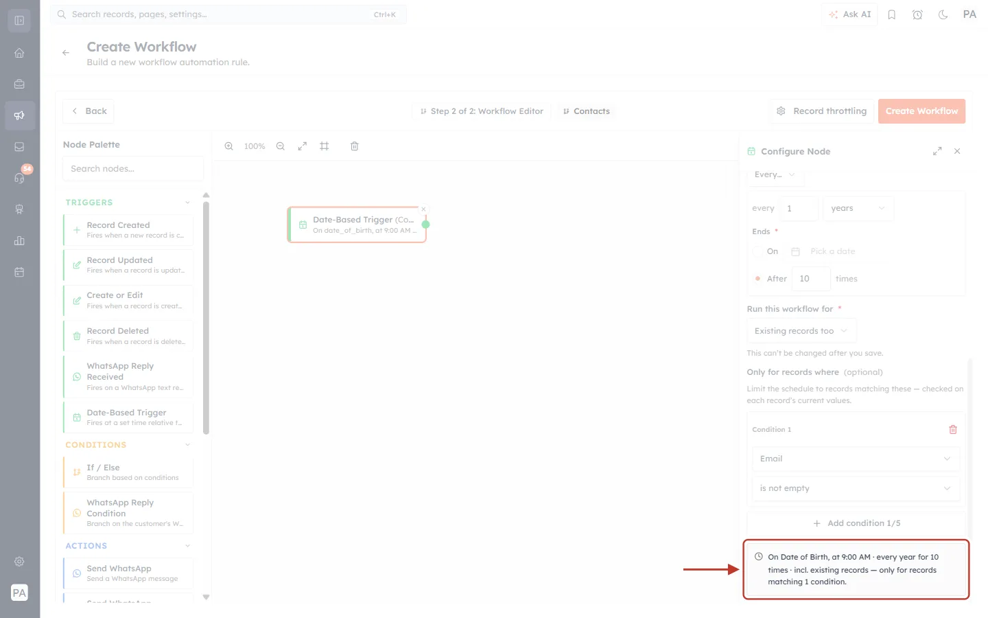 Schedule summary at the bottom of the Date-Based Trigger panel