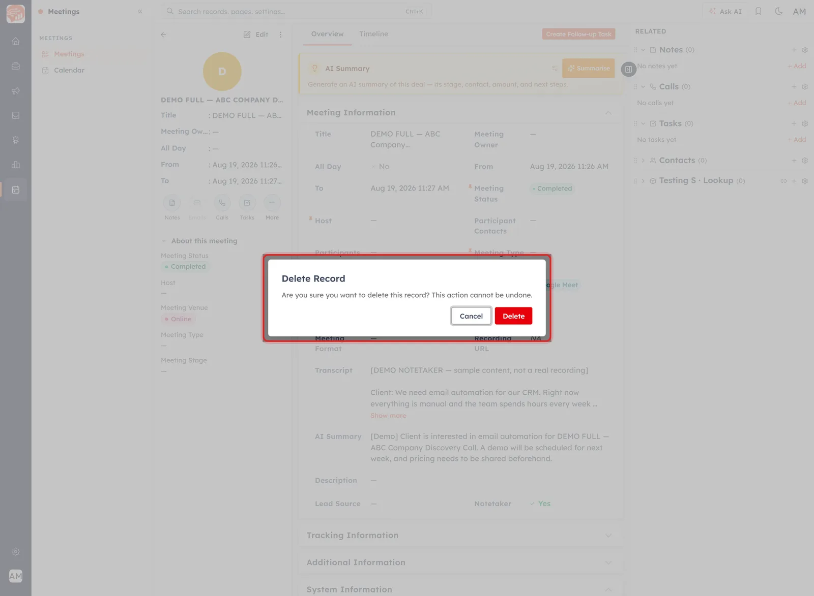 The Delete Record confirmation dialog