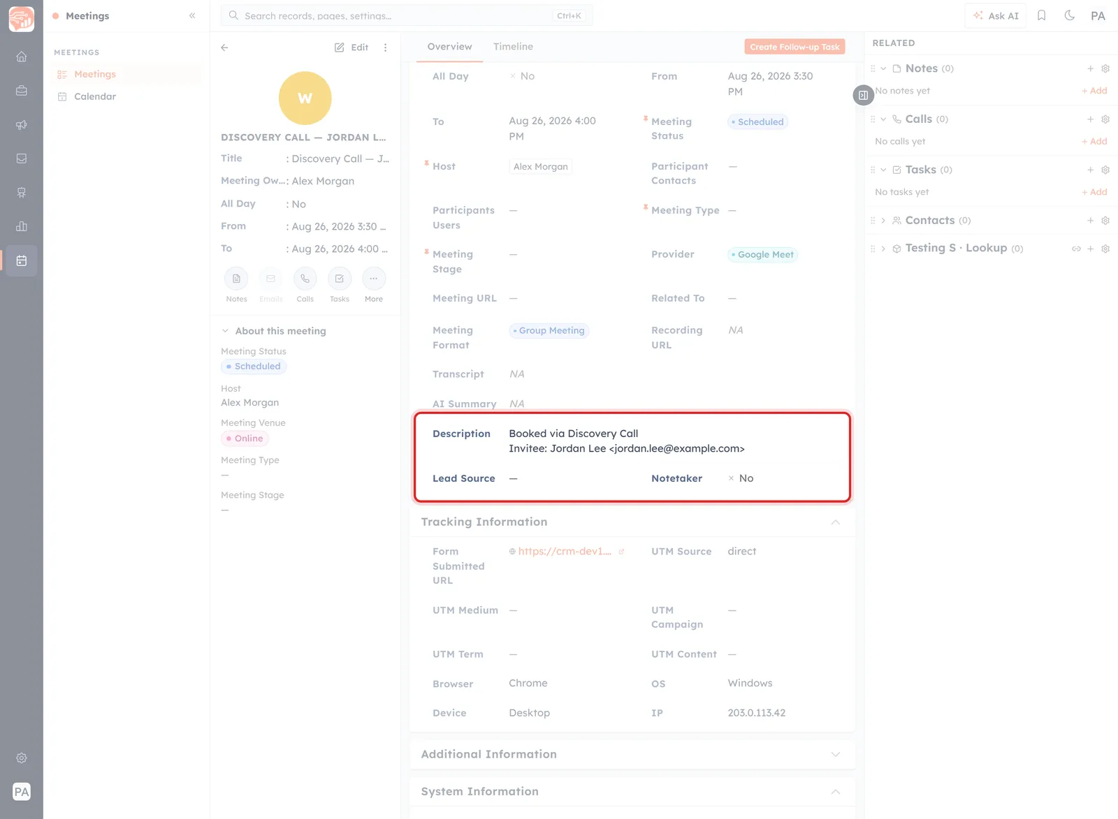 A booked meeting with the Description field highlighted, naming the link it came through