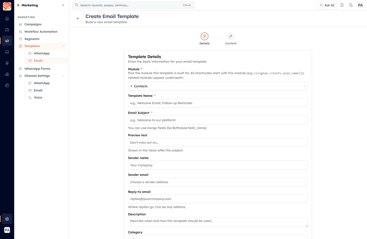 The Create Email Template Details step, showing the Module picker and the Email Subject field