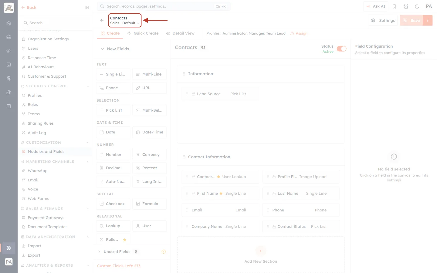 Sales · Default at the top of the builder