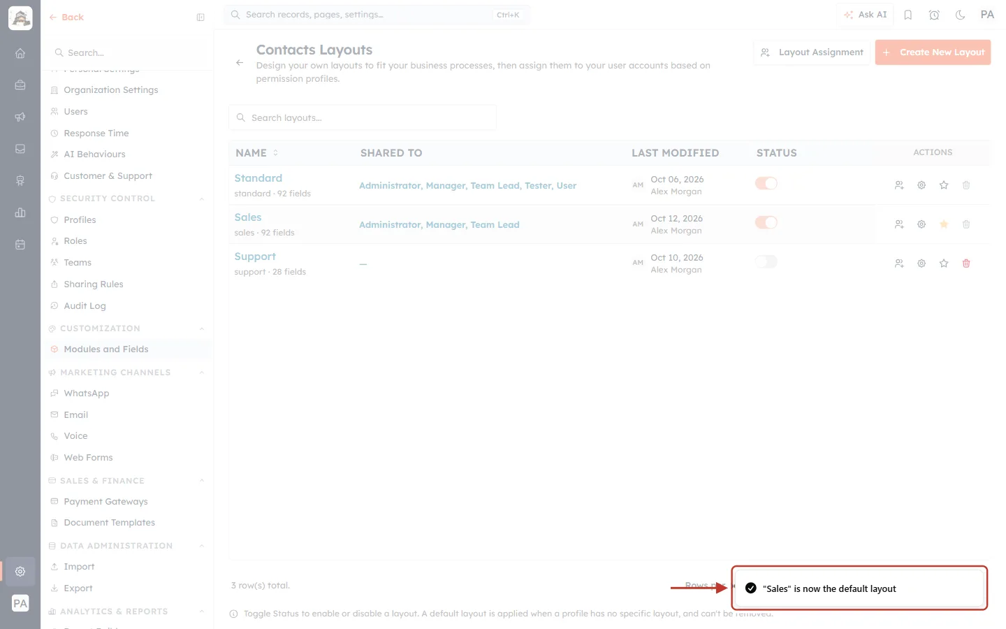 “Sales” is now the default layout