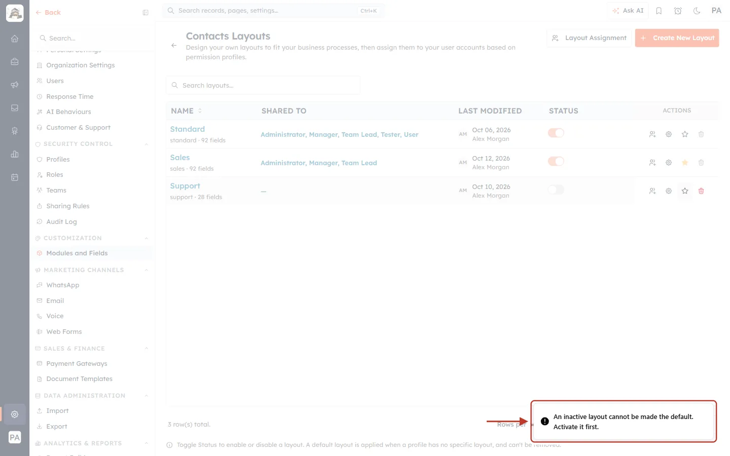 An inactive layout cannot be made the default