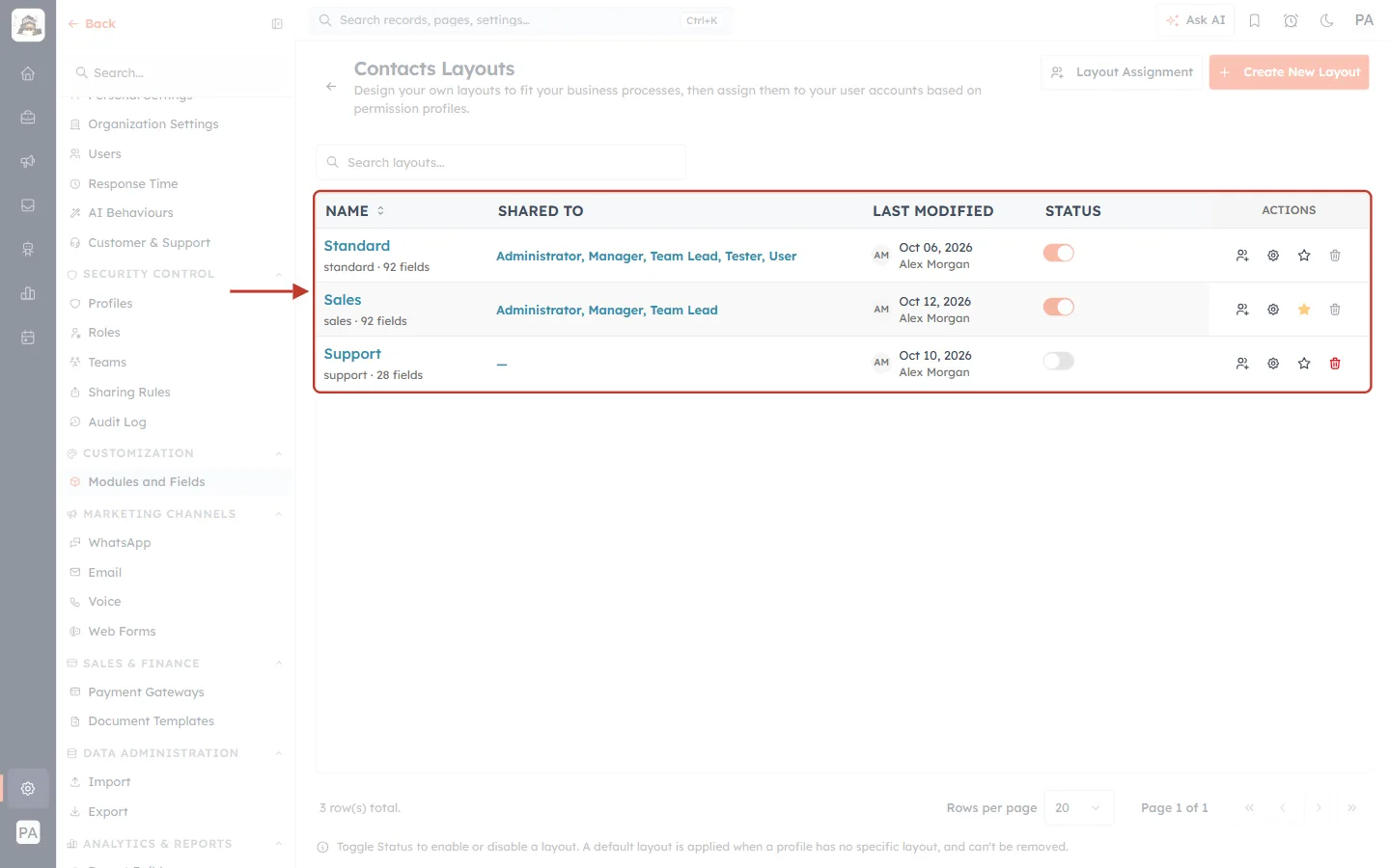 The Layouts table with Sales as the default
