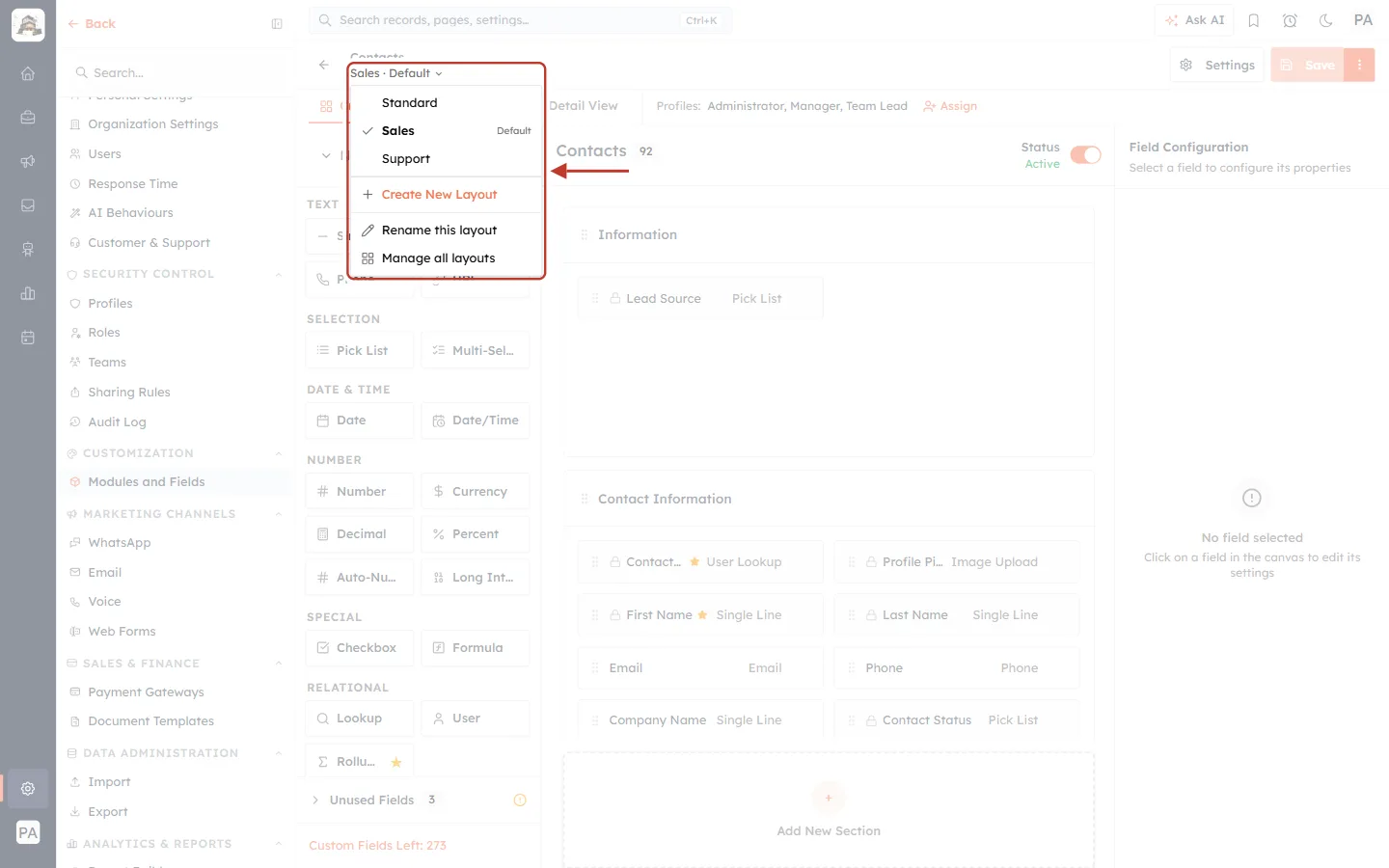 The layout menu with Default next to Sales