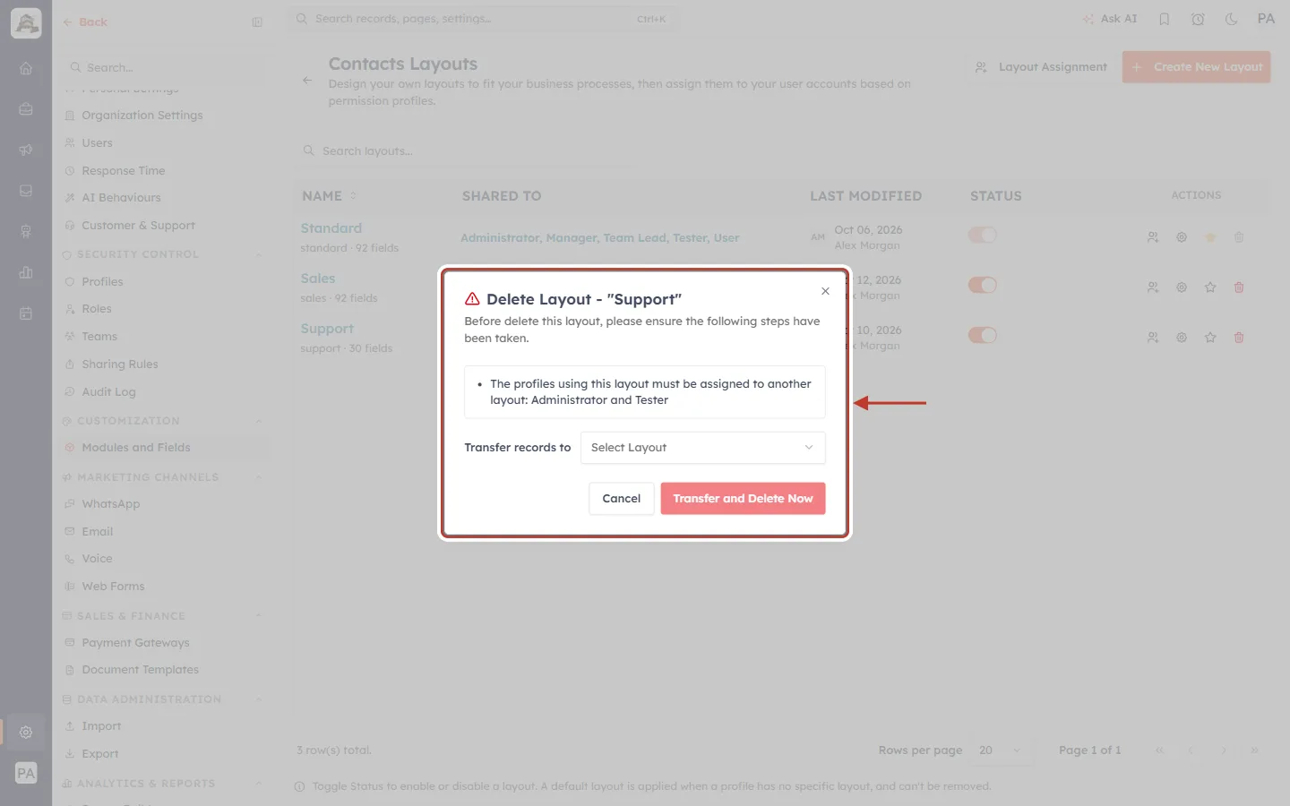 The Delete Layout window for Support