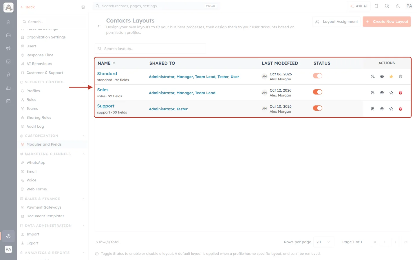 Standard, Sales and Support on the Layouts page