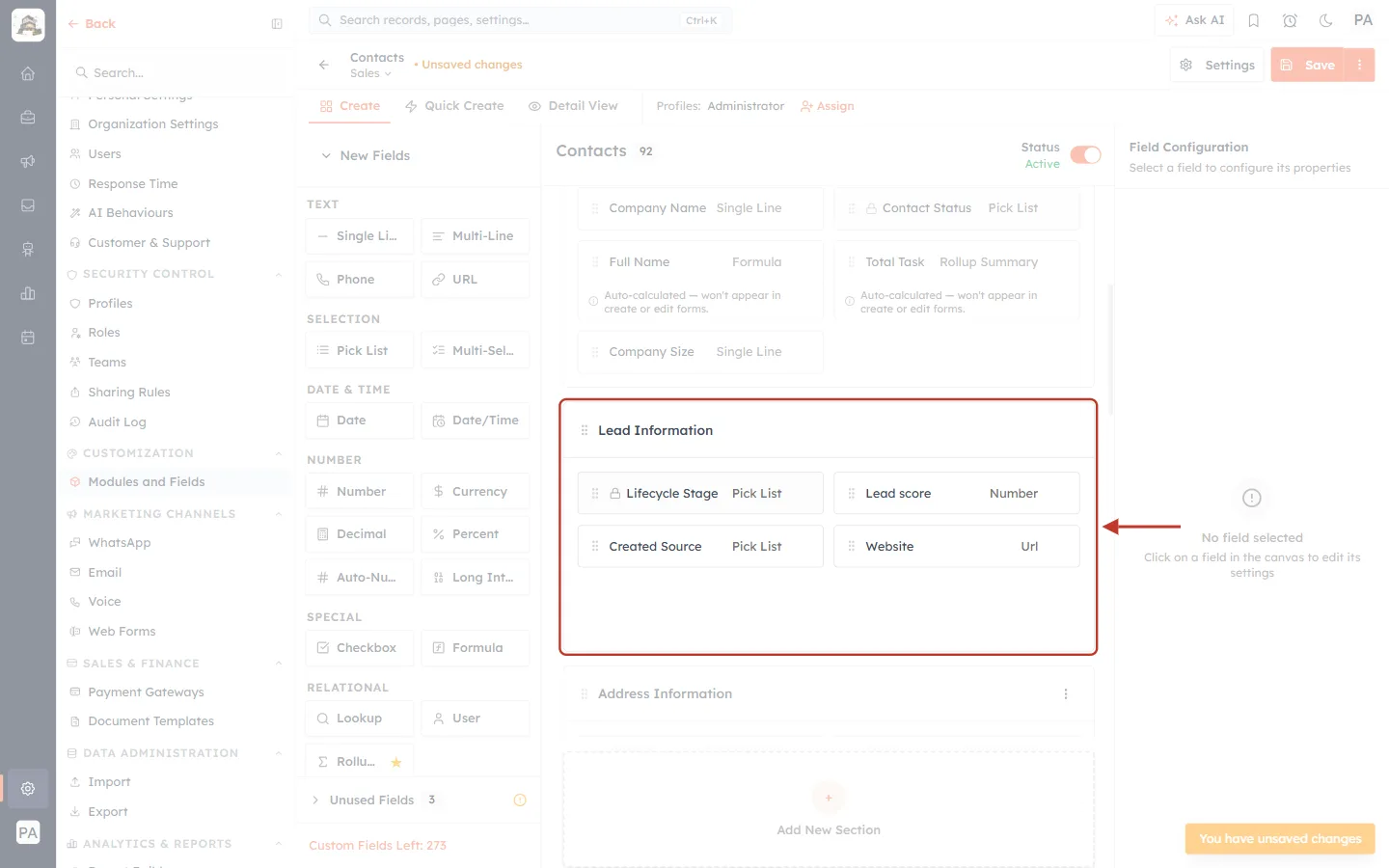 Website moved into the Lead Information section