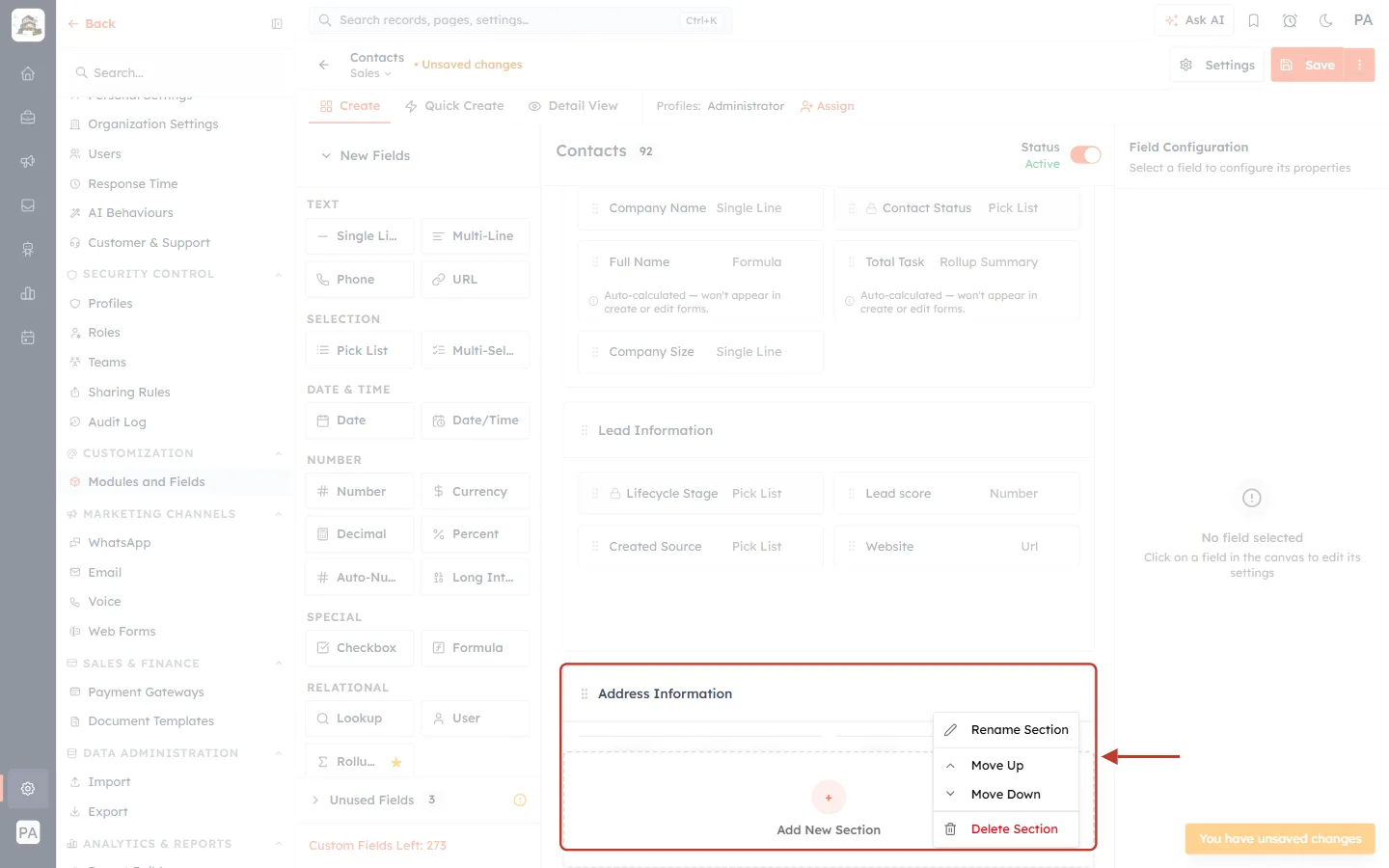 The section menu of Address Information