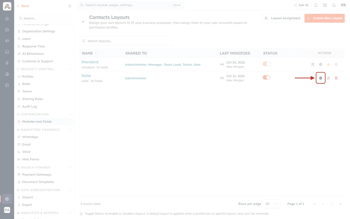 Open in Layout Builder on the Sales row