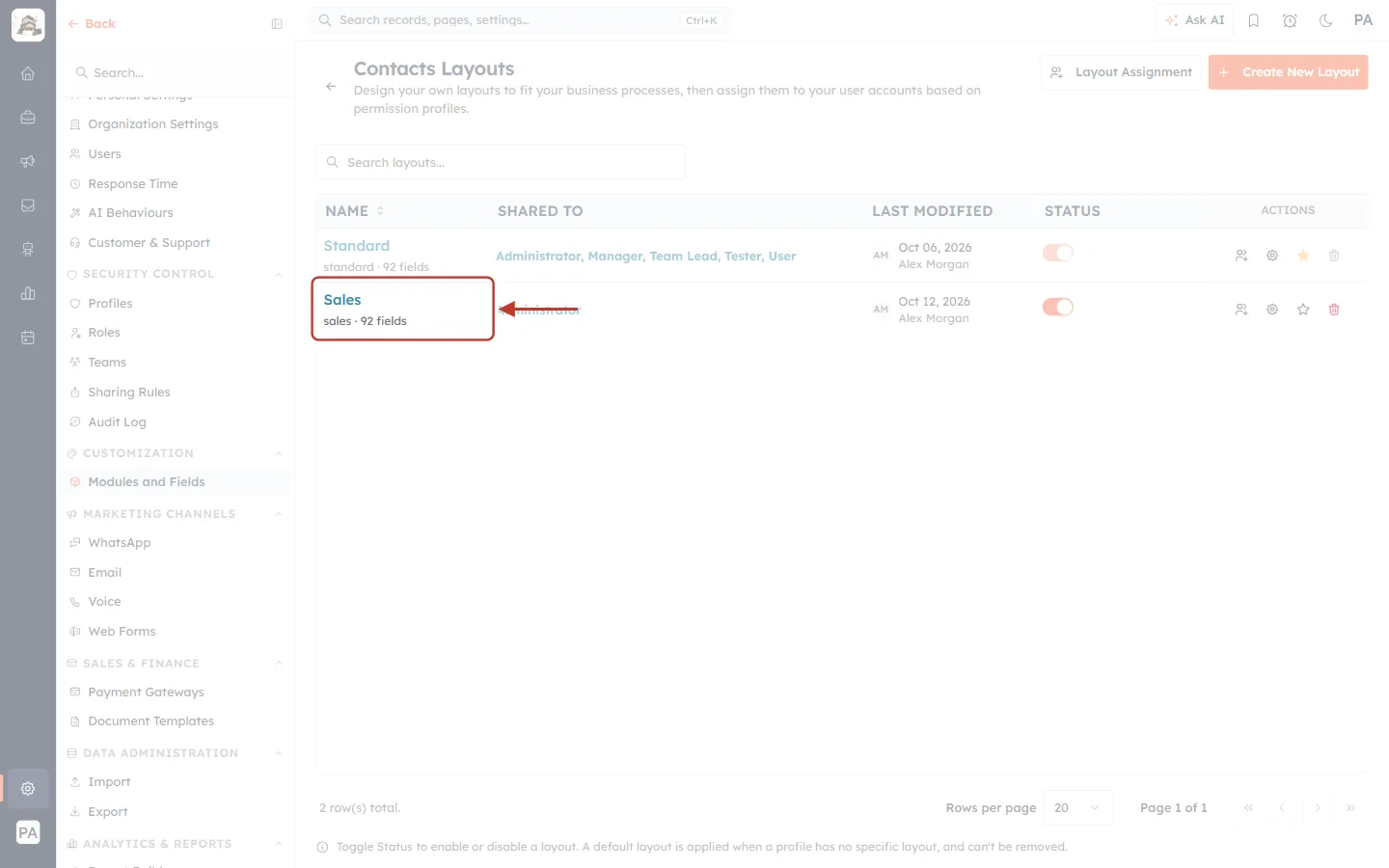 The Sales layout name on the Layouts page