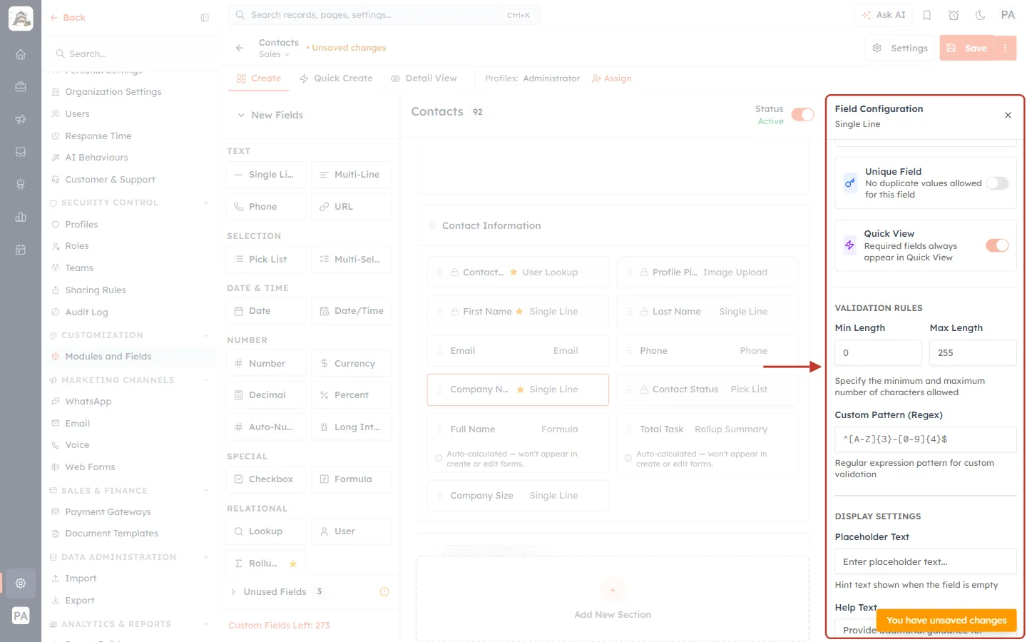 Display Settings in the Field Configuration column