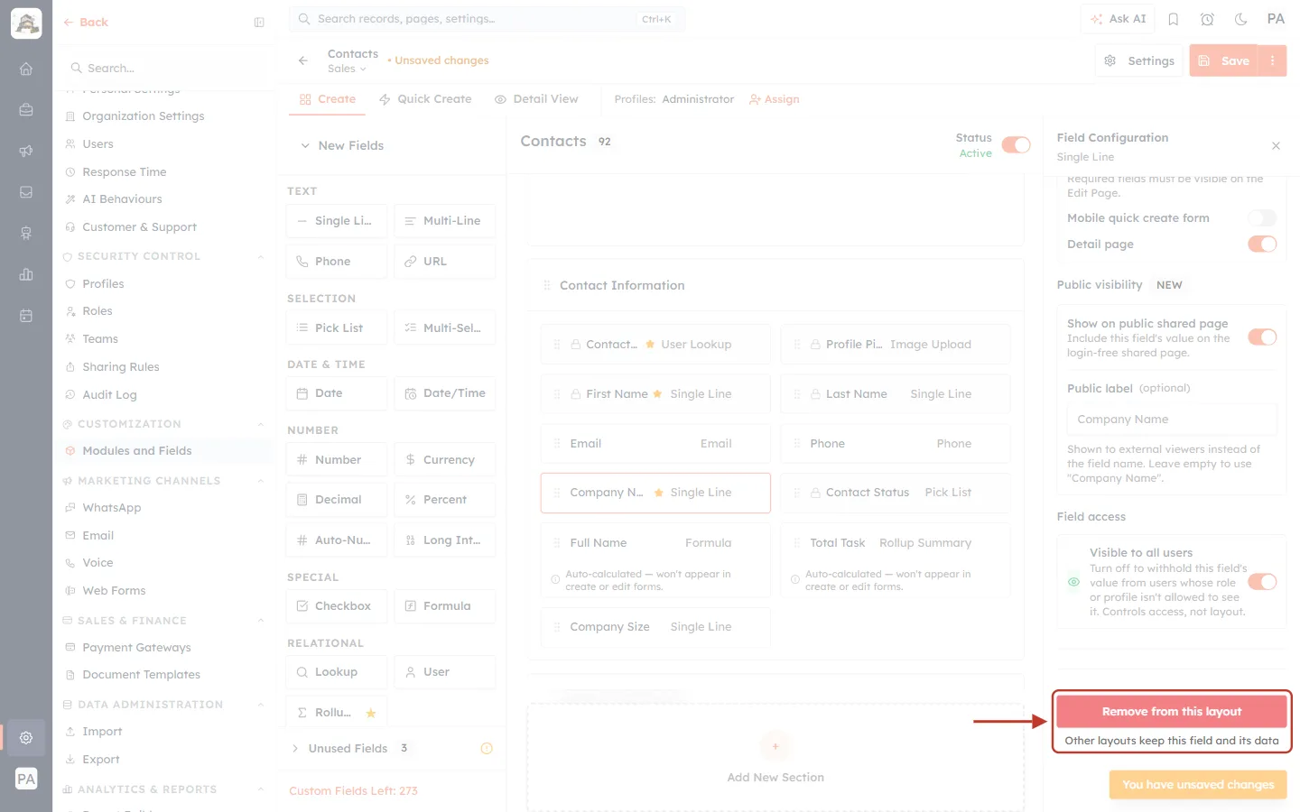 Remove from this layout at the bottom of the column