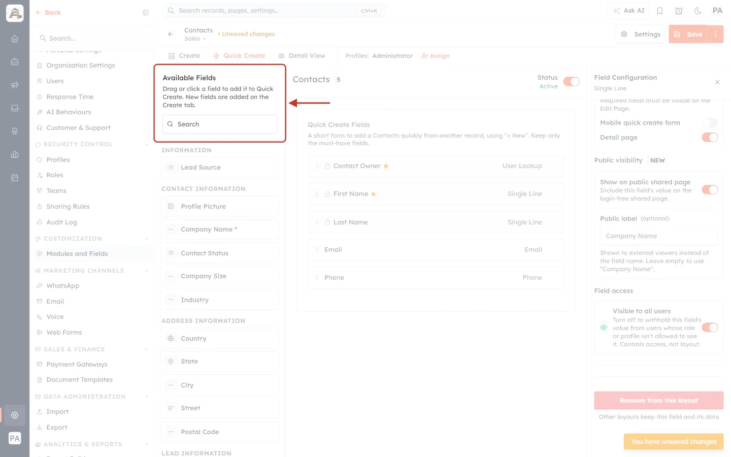 Available Fields for Quick Create