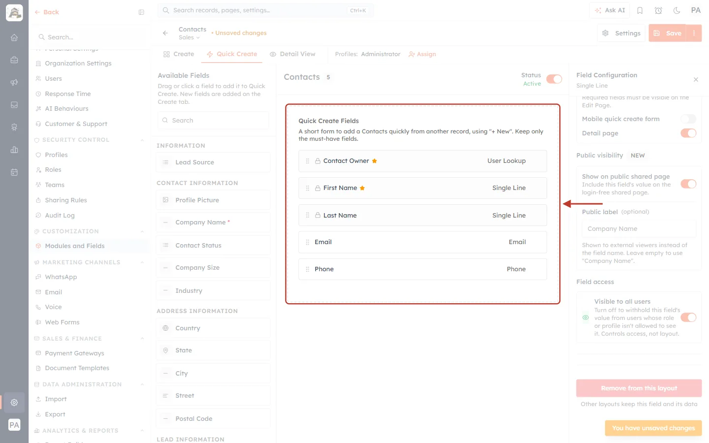 The Quick Create Fields of the Sales layout