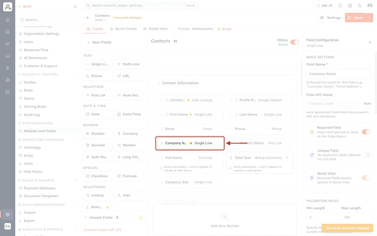 Company Name with a required star on the canvas
