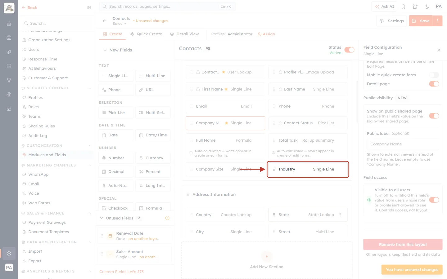 Industry placed in the Contact Information section