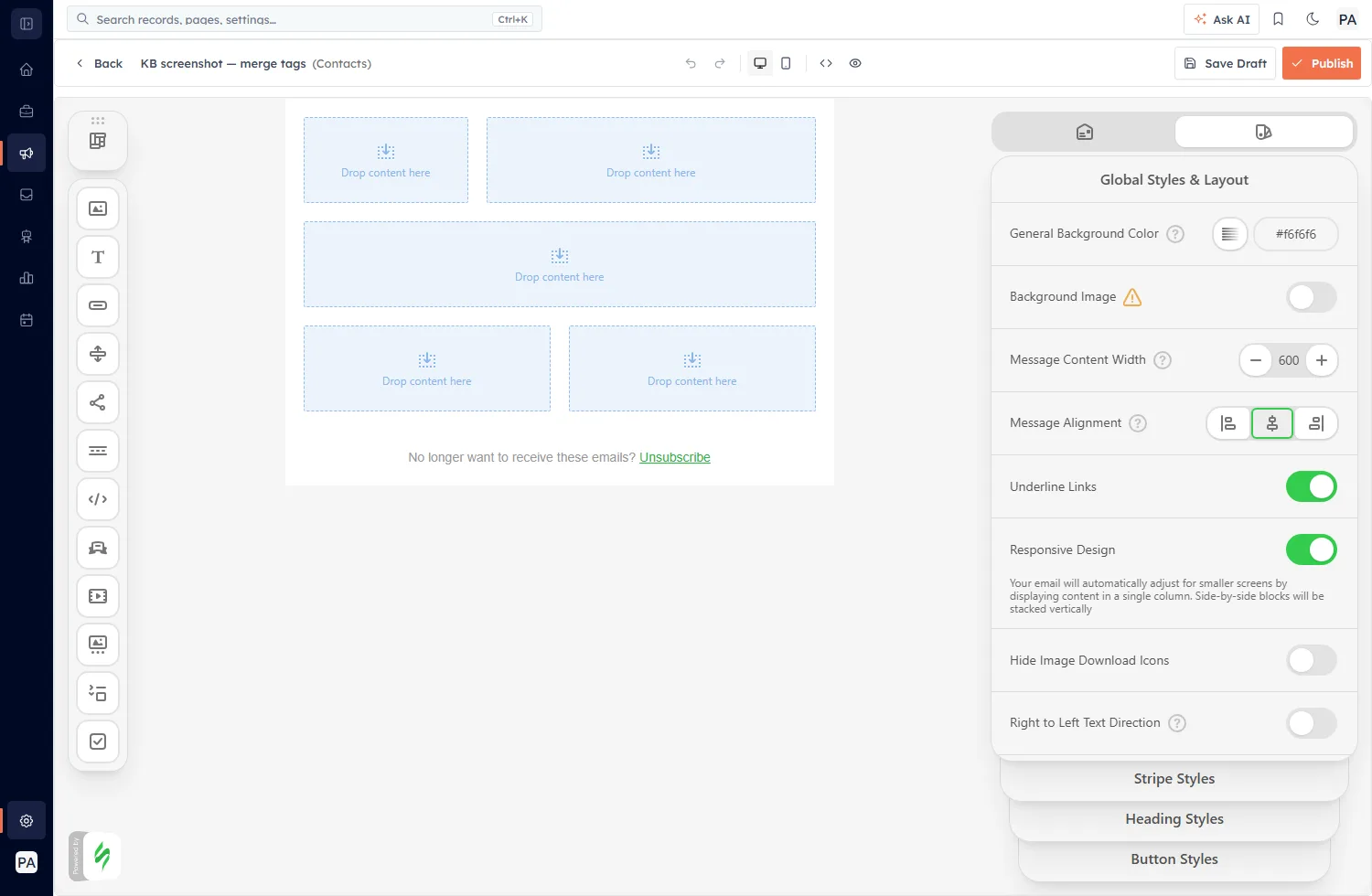 The Stripo drag-and-drop editor on the Content step of the template wizard
