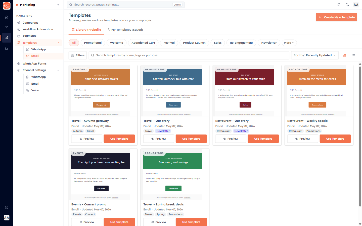 Email templates library showing template cards with categories, names, and action menus